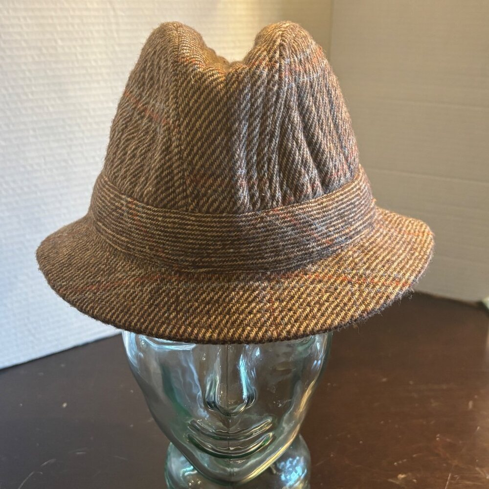 Vtg Large Brown Tweed Fedora Hat With Plaid Accent & Quilted Lining Wool Blend